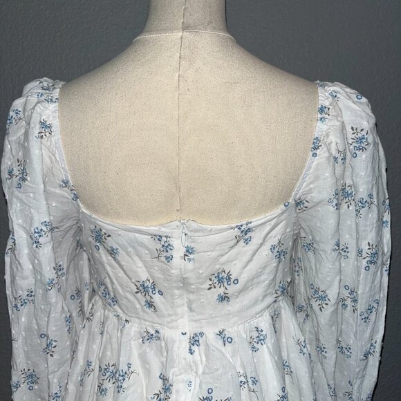 LULUS ALWAYS CHARMING Blue & White Floral Swiss Dot Puff Sleeve BABYDOLL Dress M - Picture 9 of 14